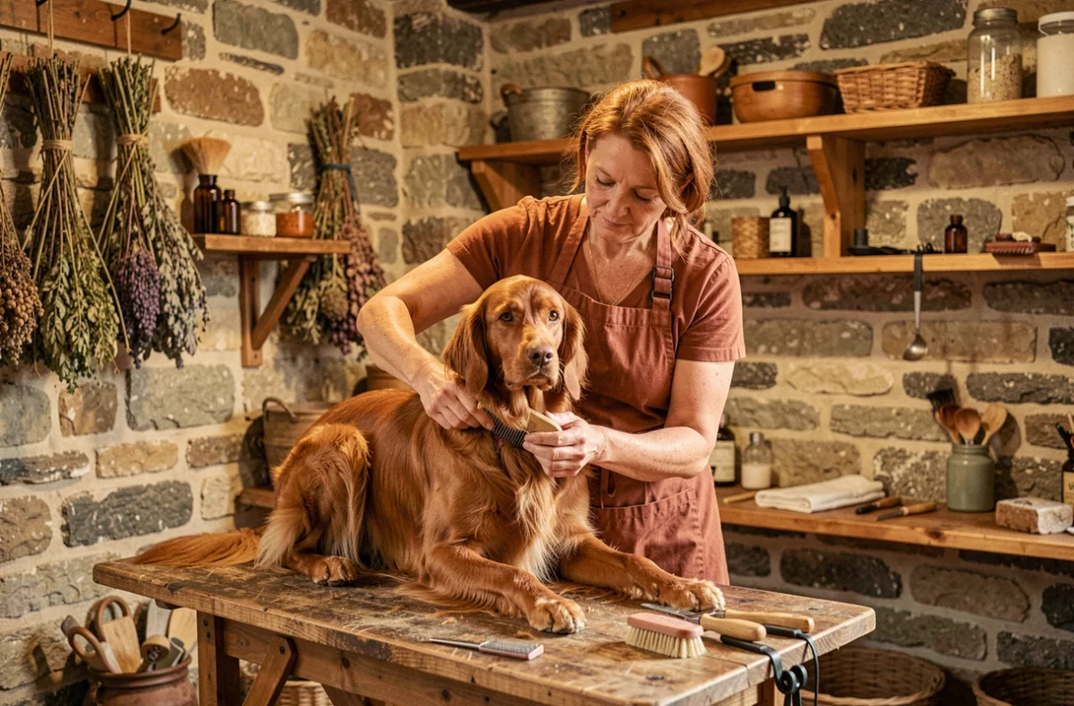 Toiletteuse rousse prenant soin d'un setter irlandais dans le cadre rustique du salon Le Chien Roux