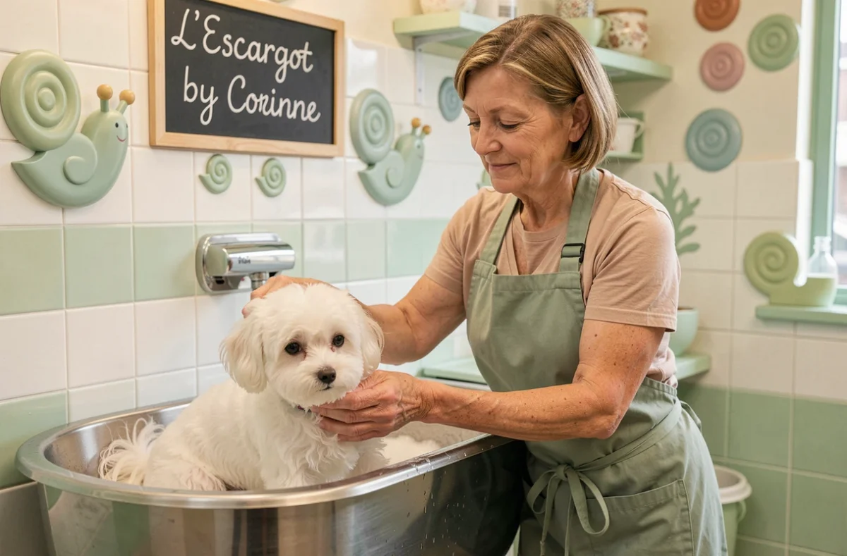 Corinne lavant un maltais dans son salon de toilettage canin fantaisiste L'Escargot by Corinne