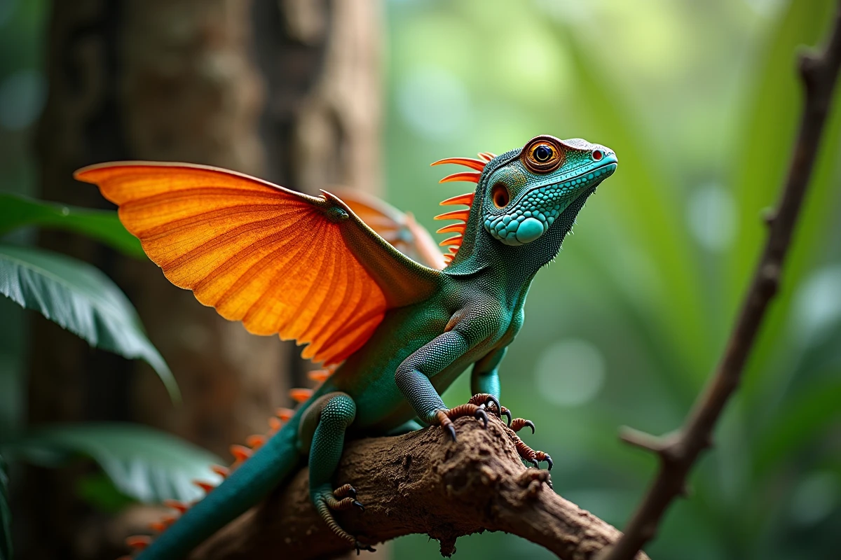 Lézard Draco volant déployant ses ailes colorées sur un tronc d'arbre en forêt tropicale