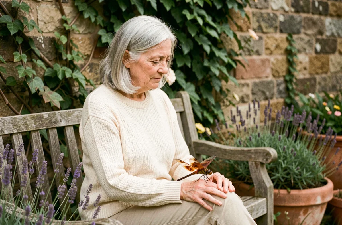 Femme âgée dans un jardin provençal observant une libellule sur son genou, moment de connexion spirituelle