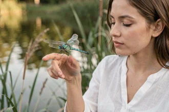 Libellule bleue posée sur le doigt d'une femme sereine au bord d'un étang, symbolisant un message angélique