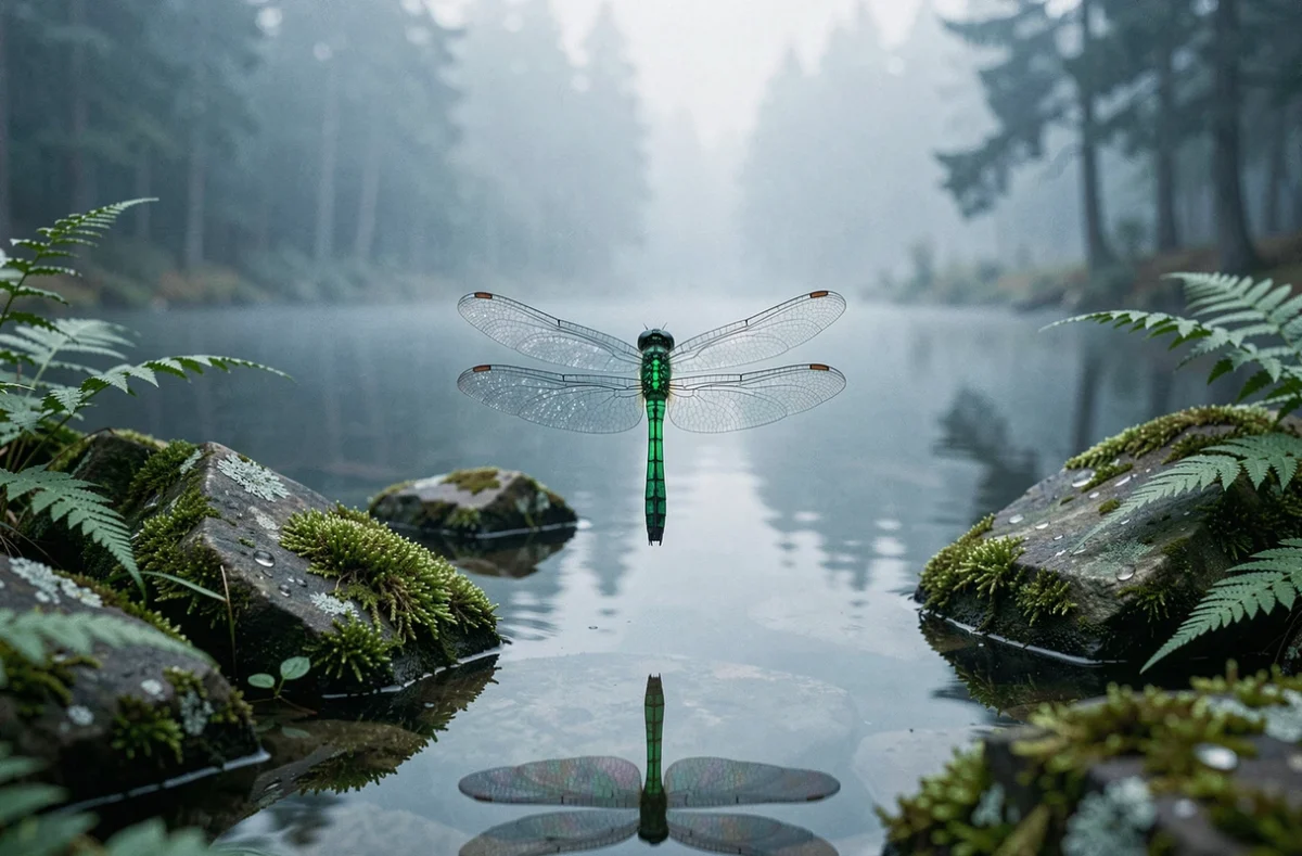 Libellule émeraude en vol au-dessus d'un lac forestier brumeux, évoquant un signe spirituel et angélique