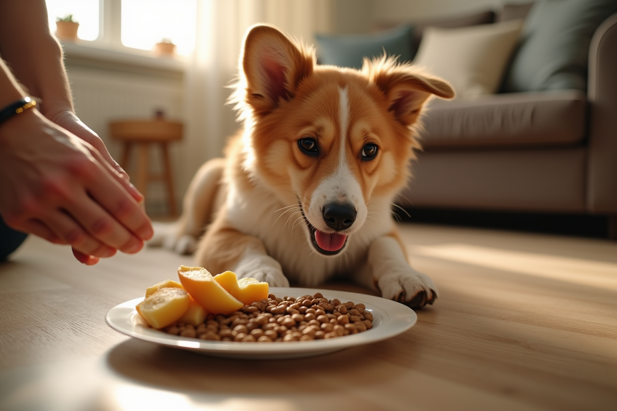 Main retirant un bol de croquettes chien dans un salon lumineux