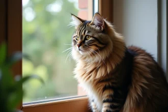 Chat Maine Coon aux poils longs assis sur un rebord de fenêtre en bois, regardant vers l'extérieur dans un intérieur cosy