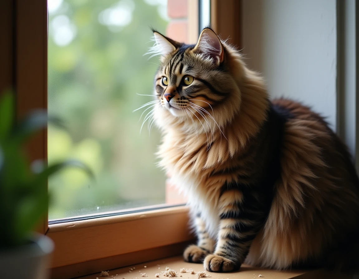 Chat Maine Coon aux poils longs assis sur un rebord de fenêtre en bois, regardant vers l'extérieur dans un intérieur cosy