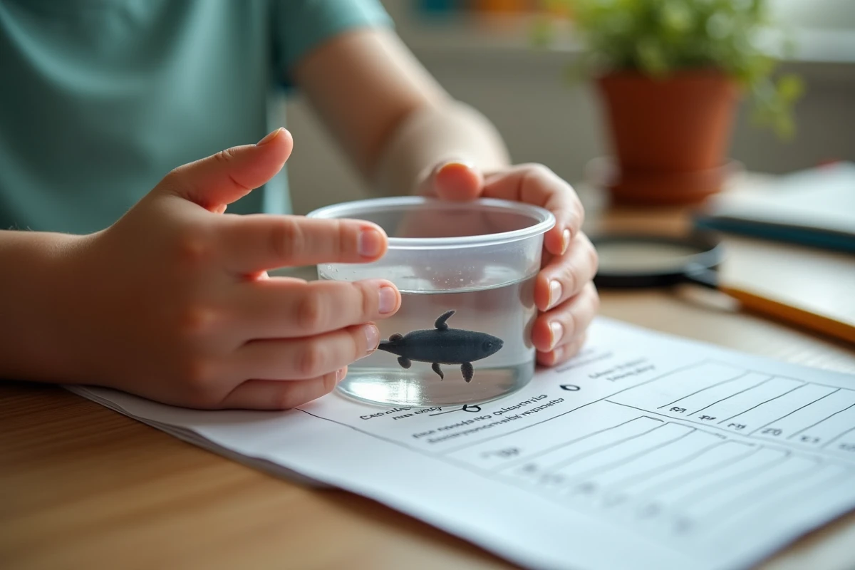 Mains d'enfant tenant un récipient avec un têtard lors d'une activité d'observation scientifique en classe