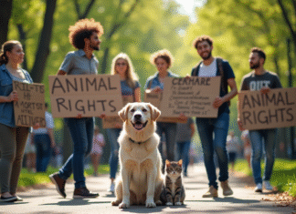 Groupe divers de personnes manifestant dans un parc avec animaux