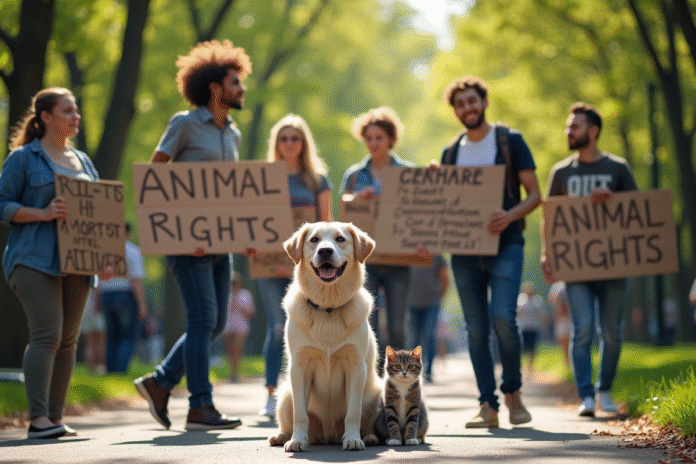 Groupe divers de personnes manifestant dans un parc avec animaux