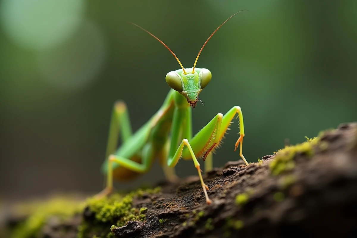 Mante religieuse verte en gros plan macro sur une branche, détails des yeux à facettes pour encyclopédie visuelle des insectes