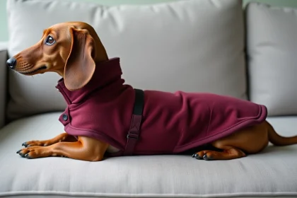 Teckel couché sur un canapé portant un manteau bordeaux adapté au dos long et fragile