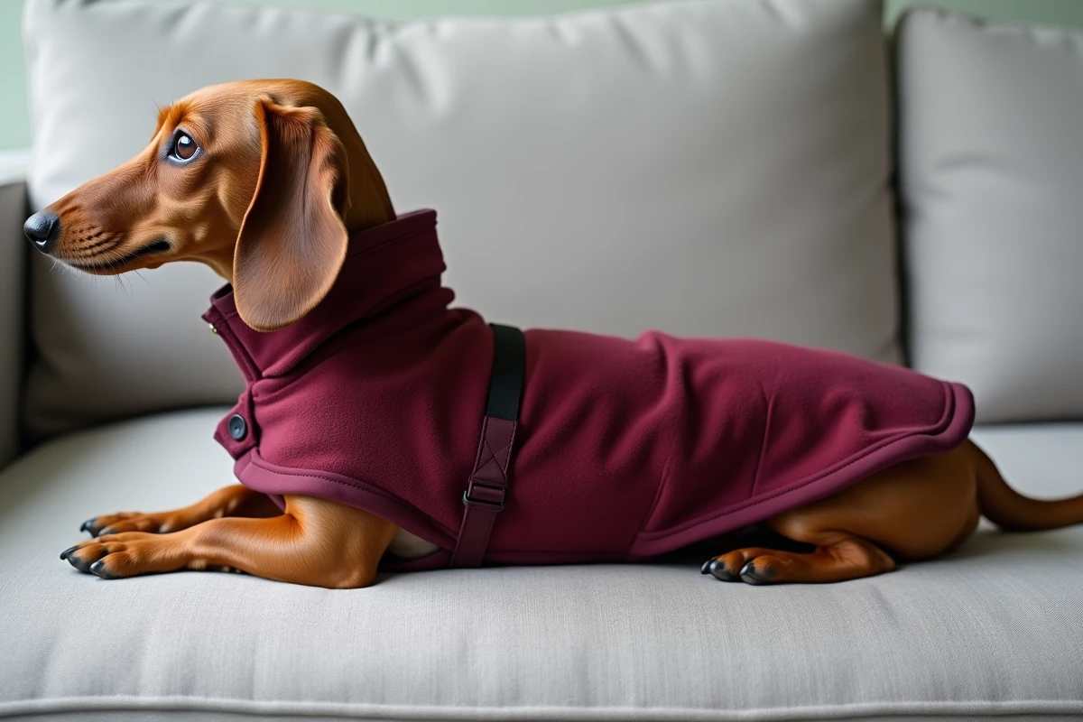 Teckel couché sur un canapé portant un manteau bordeaux adapté au dos long et fragile