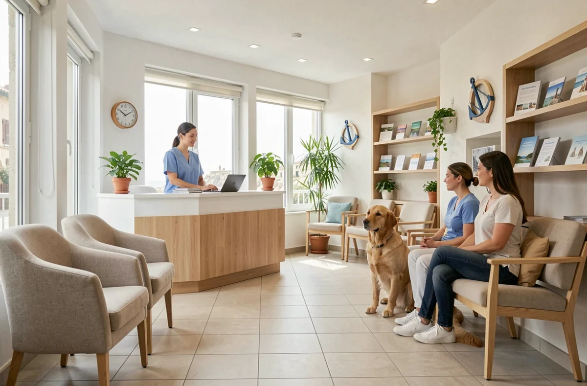 Salle d'attente accueillante d'une clinique vétérinaire en Charente-Maritime avec un chien et son propriétaire