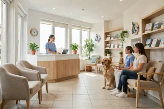 Salle d'attente accueillante d'une clinique vétérinaire en Charente-Maritime avec un chien et son propriétaire