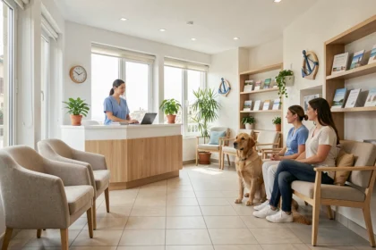 Salle d'attente accueillante d'une clinique vétérinaire en Charente-Maritime avec un chien et son propriétaire
