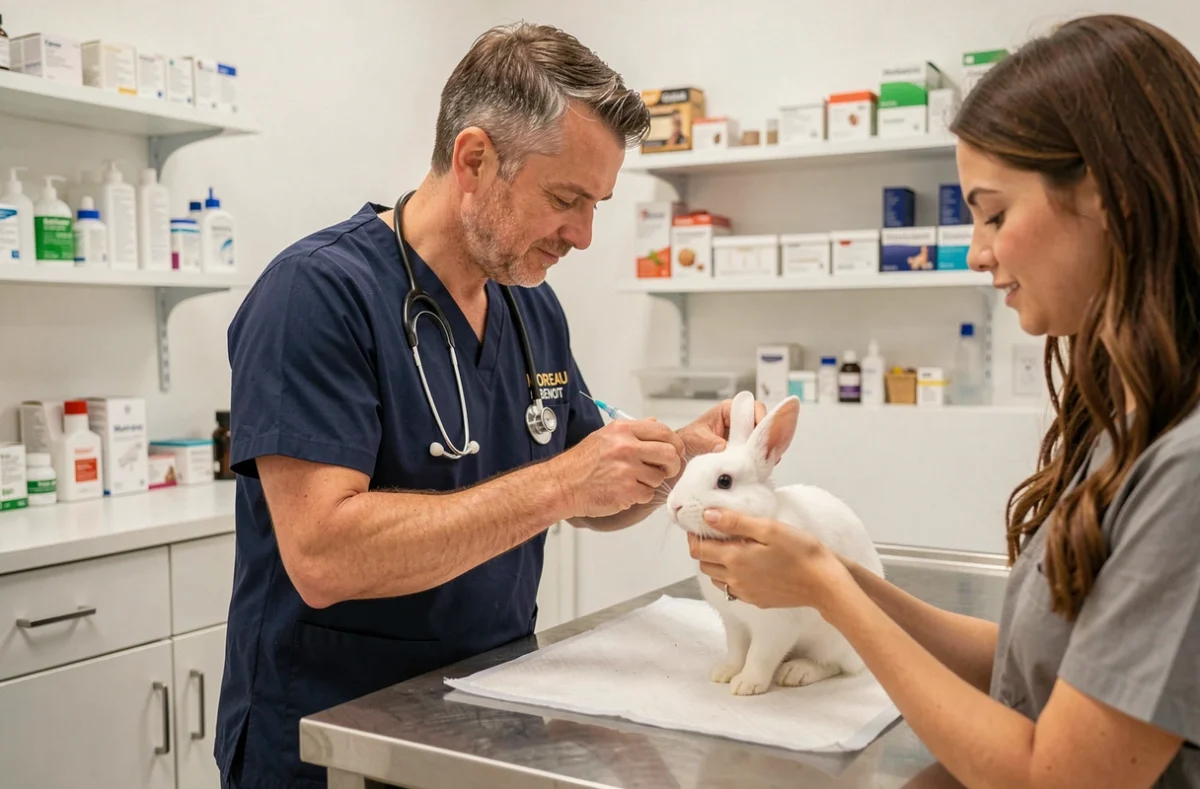 Le vétérinaire Moreau Benoit vaccinant un lapin blanc dans une salle de consultation vétérinaire