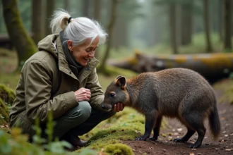 Naturaliste âgée observant un grison en forêt