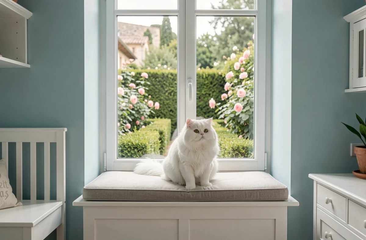 Un chat persan blanc regardant par la fenêtre sur un jardin fleuri à la pension O Petit Paradis