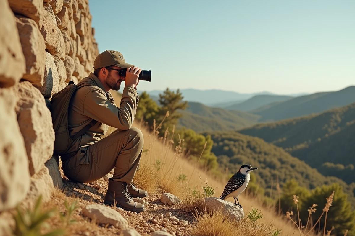 Observateur d'oiseaux discret avec jumelles cherchant un pic vert dans les collines du Luberon