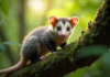 Opossum curieux sur une branche dans une forêt verte