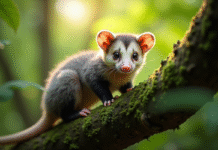 Opossum curieux sur une branche dans une forêt verte