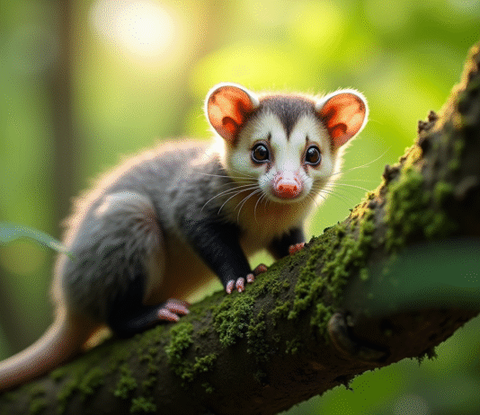 Opossum curieux sur une branche dans une forêt verte