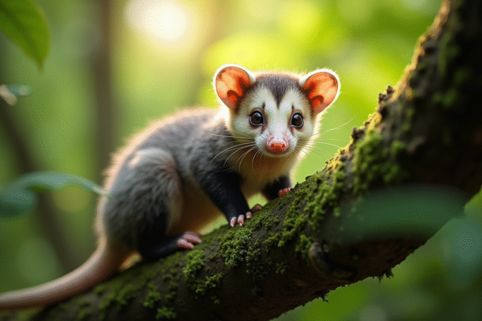 Opossum curieux sur une branche dans une forêt verte