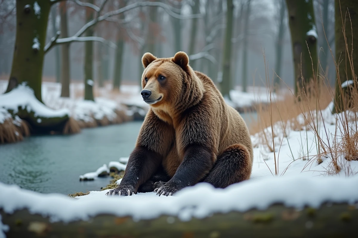 Ours brun au repos dans son enclos pendant l'hiver au zoo de Strasbourg