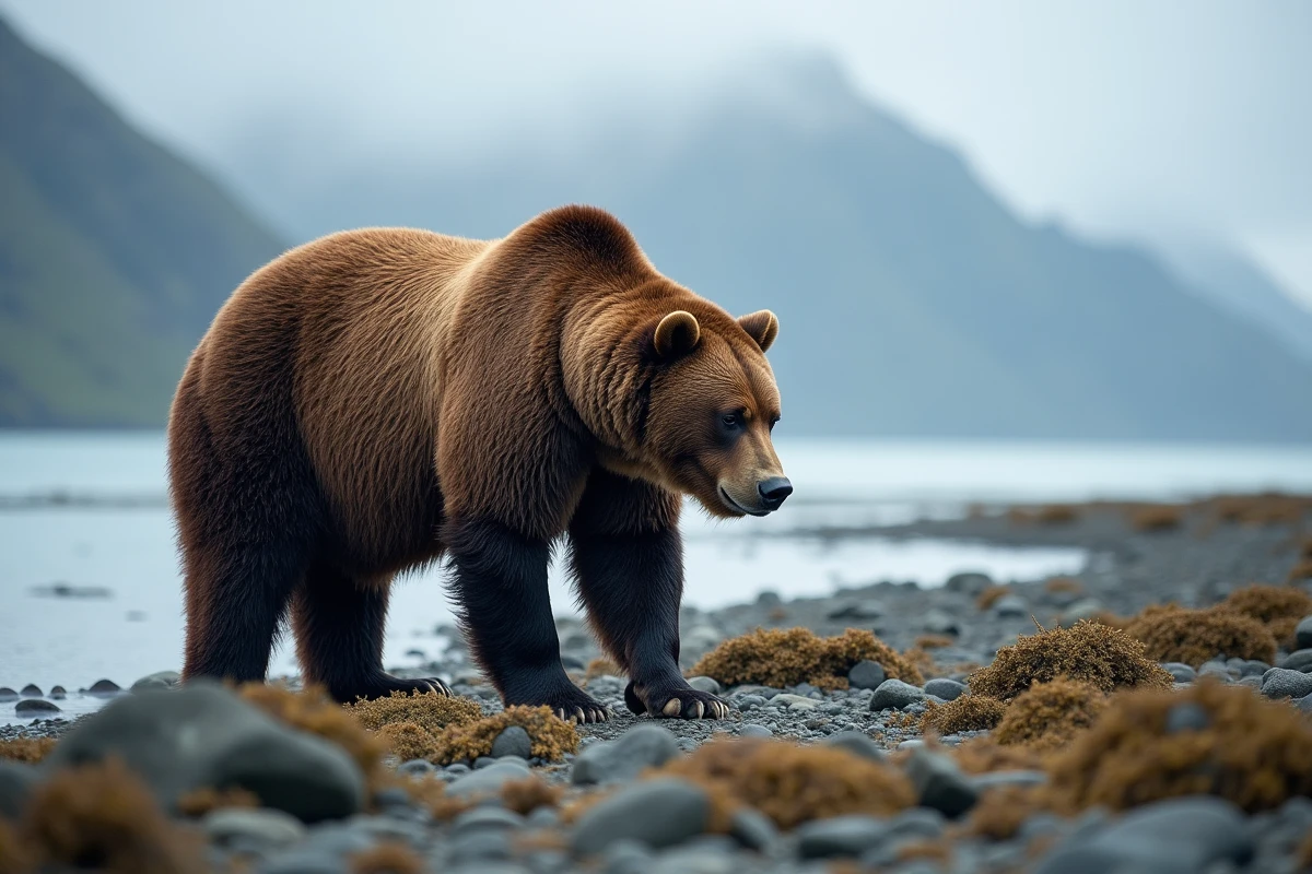 Ours Kodiak marchant sur les rochers côtiers d'Alaska, illustrant sa morphologie massive comparée au grizzly