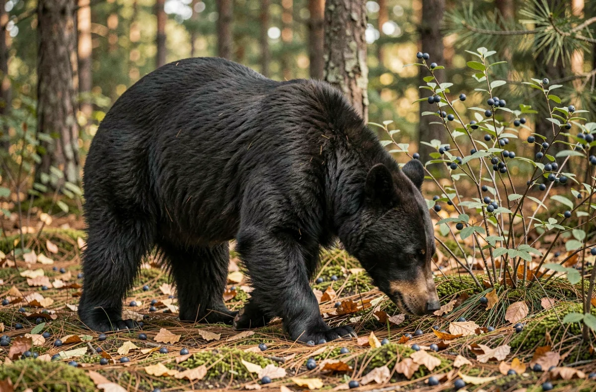 Ours noir en train de se nourrir de baies dans une forêt mixte, profil montrant l'absence de bosse dorsale