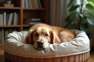 Grand chien golden retriever couché dans un panier solide en osier et toile avec coutures renforcées sur parquet en bois