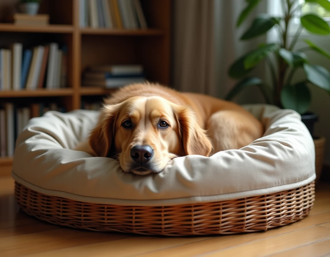 Grand chien golden retriever couché dans un panier solide en osier et toile avec coutures renforcées sur parquet en bois