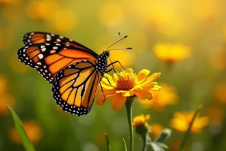 Papillon monarque aux ailes déployées posé sur une fleur sauvage, gros plan macro pour dictionnaire visuel des insectes