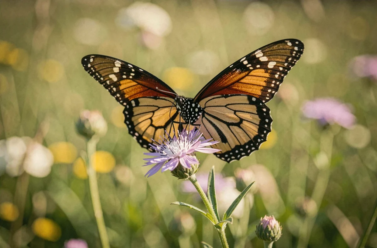 Papillon reine aux ailes déployées sur une fleur sauvage violette, animal en Q pour illustrer un article sur les jeux de lettres