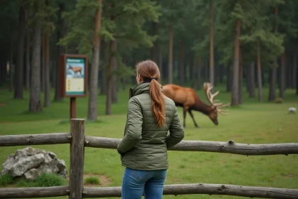 Femme observant un cerf dans un parc animalier de Haute-Savoie entouré d'arbres alpins
