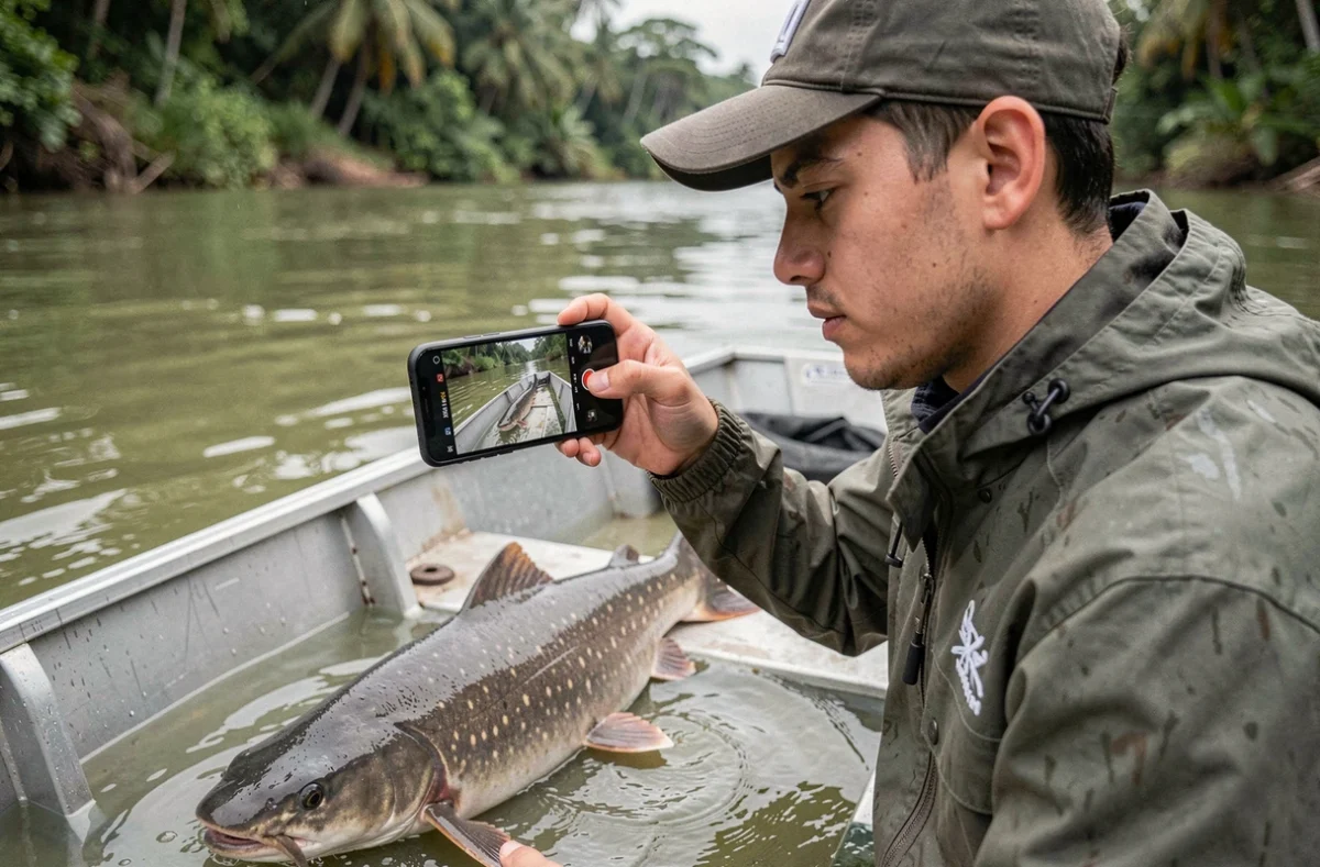 Jeune pêcheur filmant un piraïba avec son smartphone depuis un bateau de pêche sur une rivière tropicale