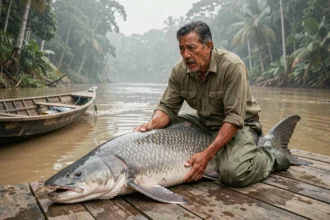 Pêcheur amazonien agenouillé à côté d'un piraïba géant sur un ponton en bois au bord du fleuve Amazone