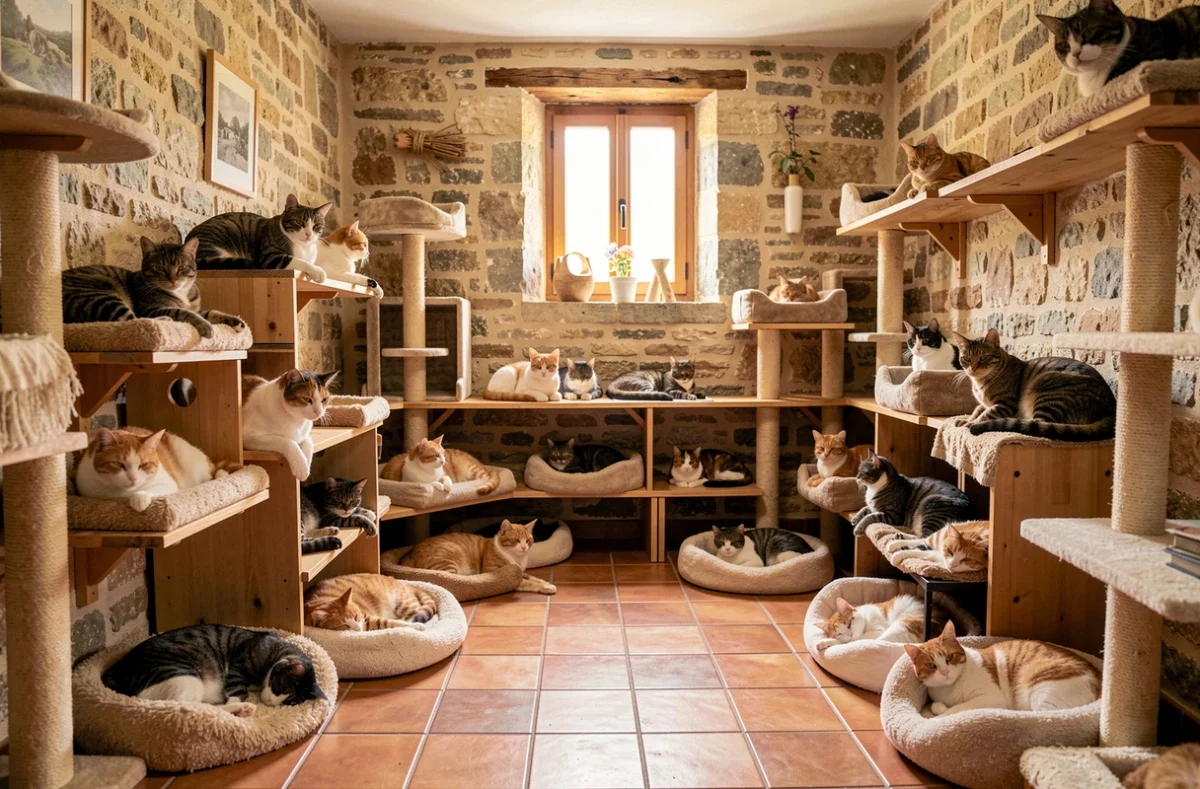 Intérieur d'une pension pour chats en Gironde avec plusieurs chats de races différentes sur des structures en bois et des coussins moelleux