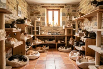 Intérieur d'une pension pour chats en Gironde avec plusieurs chats de races différentes sur des structures en bois et des coussins moelleux