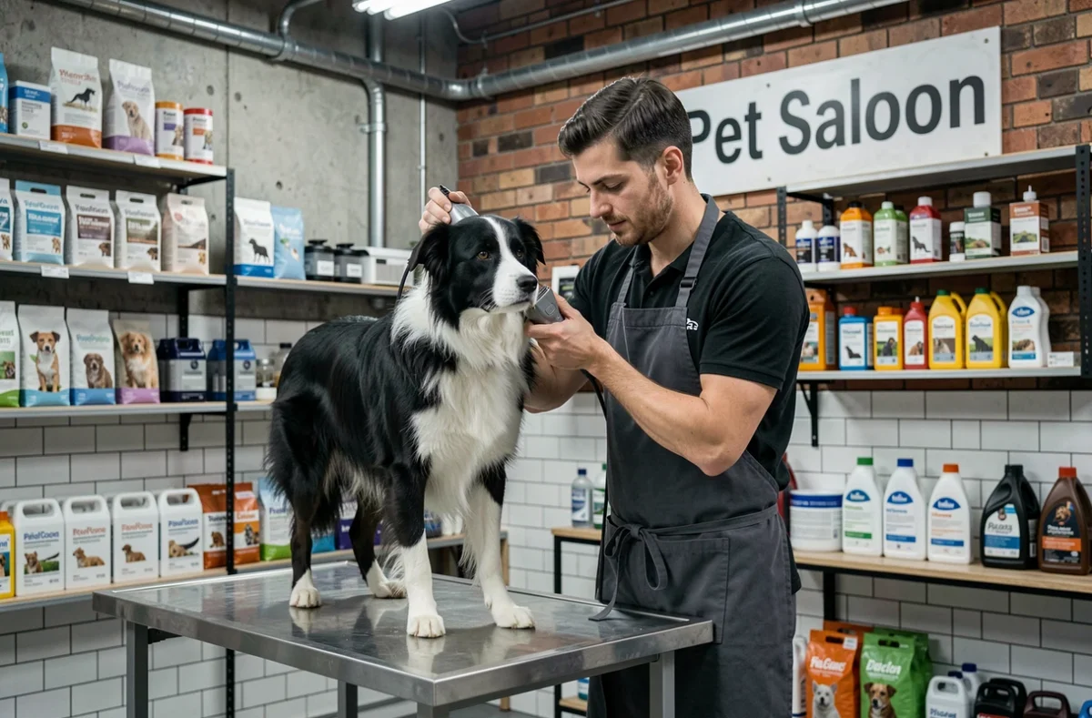 Toiletteur masculin taillant un border collie dans le salon au décor industriel Pet Saloon Toilettage
