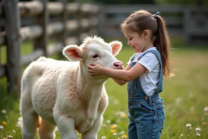 Jeune fille caresse une petite vache dans un environnement rural