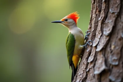 Pic vert aux plumes vertes et rouge vif perché sur un chêne dans le Luberon, Provence