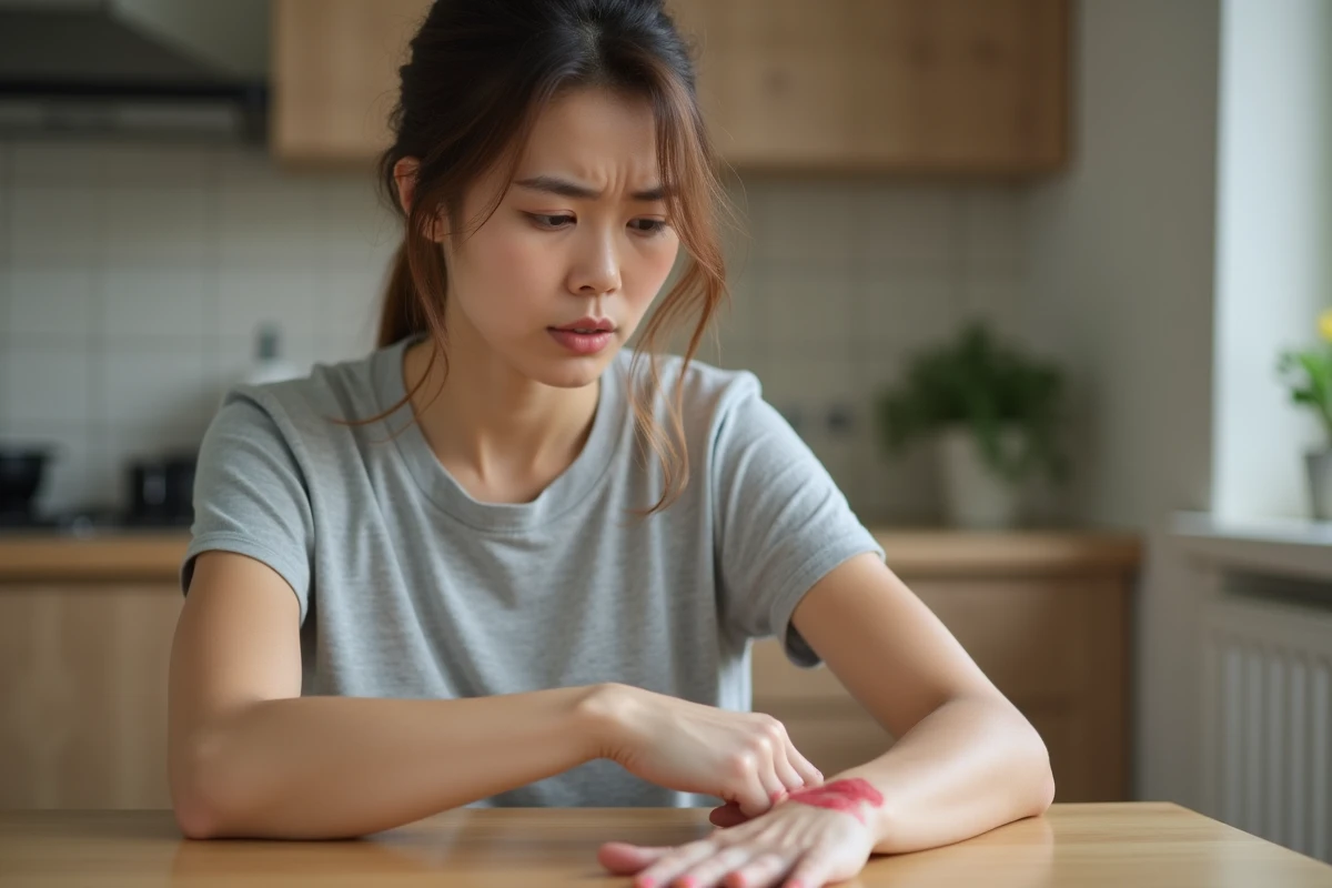 Femme examinant une piqûre de frelon enflée et rouge sur son avant-bras dans une cuisine, expression inquiète et réaliste