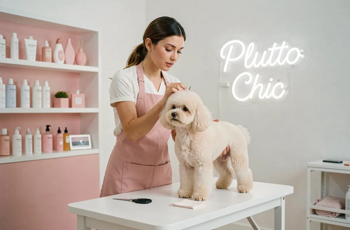 Toiletteuse stylisant un caniche miniature dans le salon Plutto Chic au décor moderne et épuré