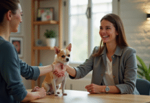 Poignée amicale entre personne et éleveur de chien avec un chihuahua