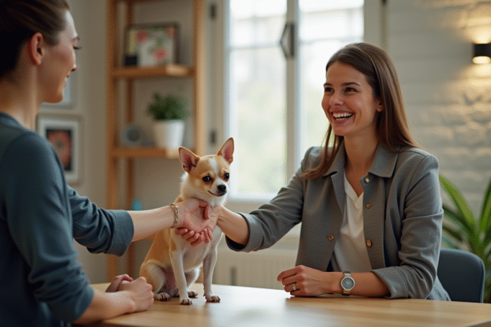 Poignée amicale entre personne et éleveur de chien avec un chihuahua