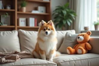Chien Pomsky assis sur un canapé beige dans un salon moderne