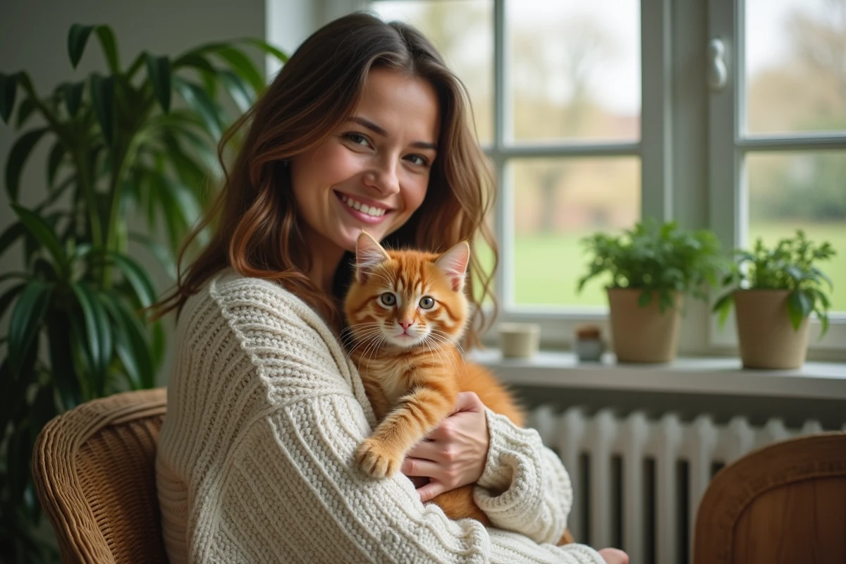 Portrait de chaton ginger avec mère dans une véranda