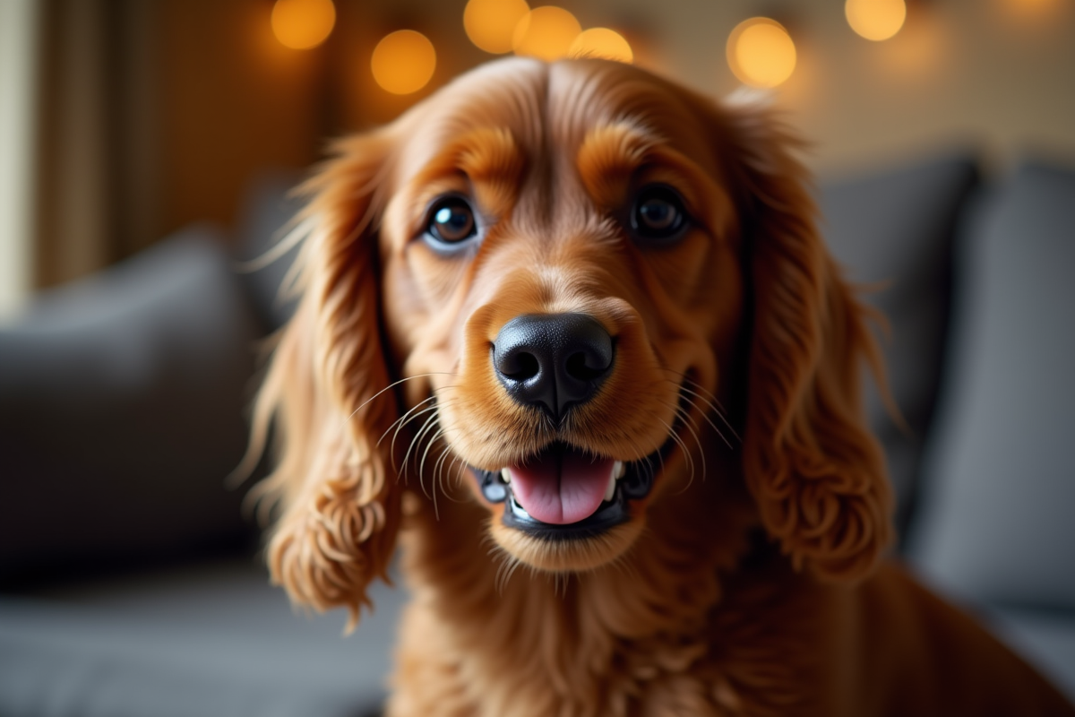Portrait rapproché d un cocker spaniel en intérieur avec lumière chaleureuse