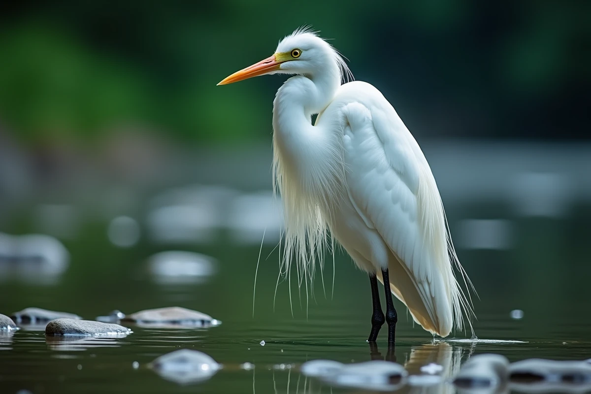 Portrait rapproché d'un héron blanc aux yeux dorés dans une rivière, incarnant la pureté et la guidance spirituelle intérieure