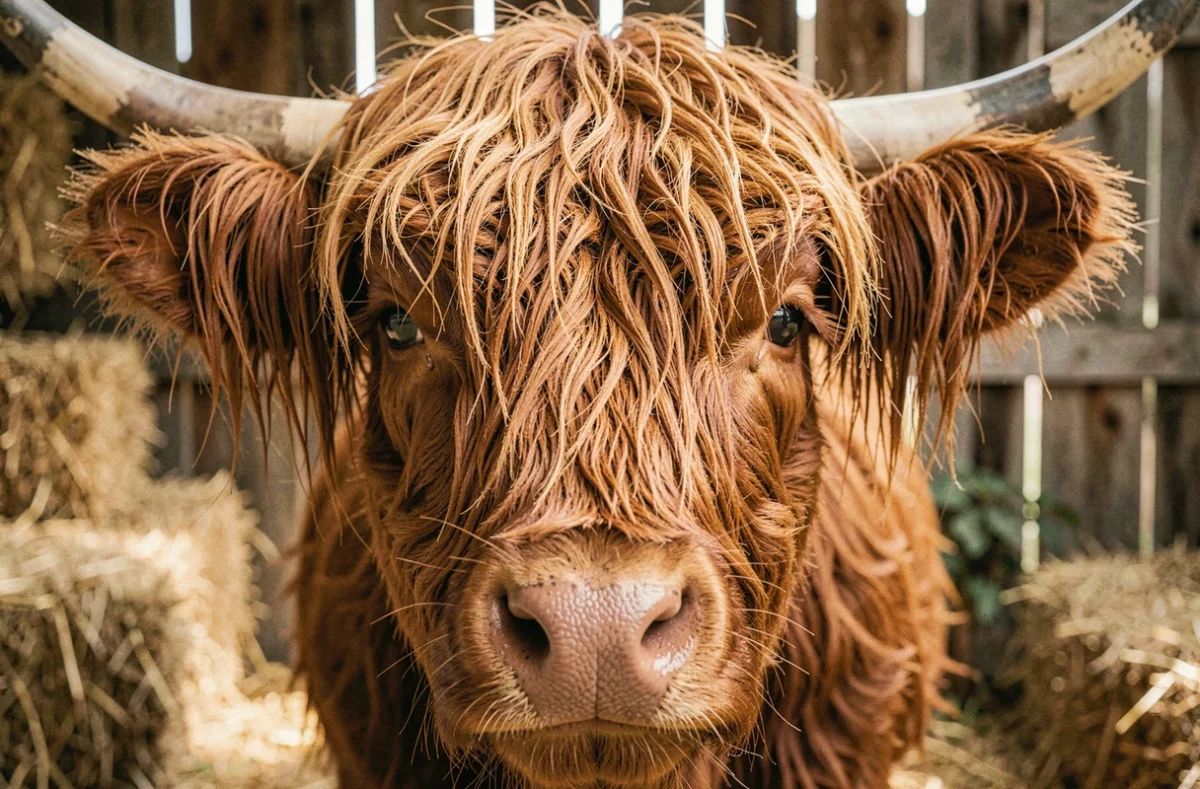 Gros plan sur le visage expressif et la fourrure épaisse d'une vache Highland fluffy dans une grange rustique